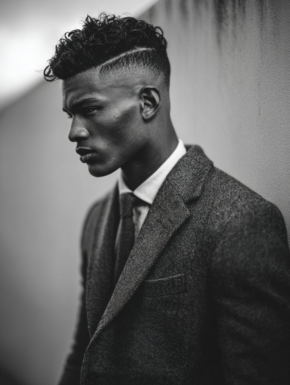 black hair cuts for men - side part with razor sharp fade