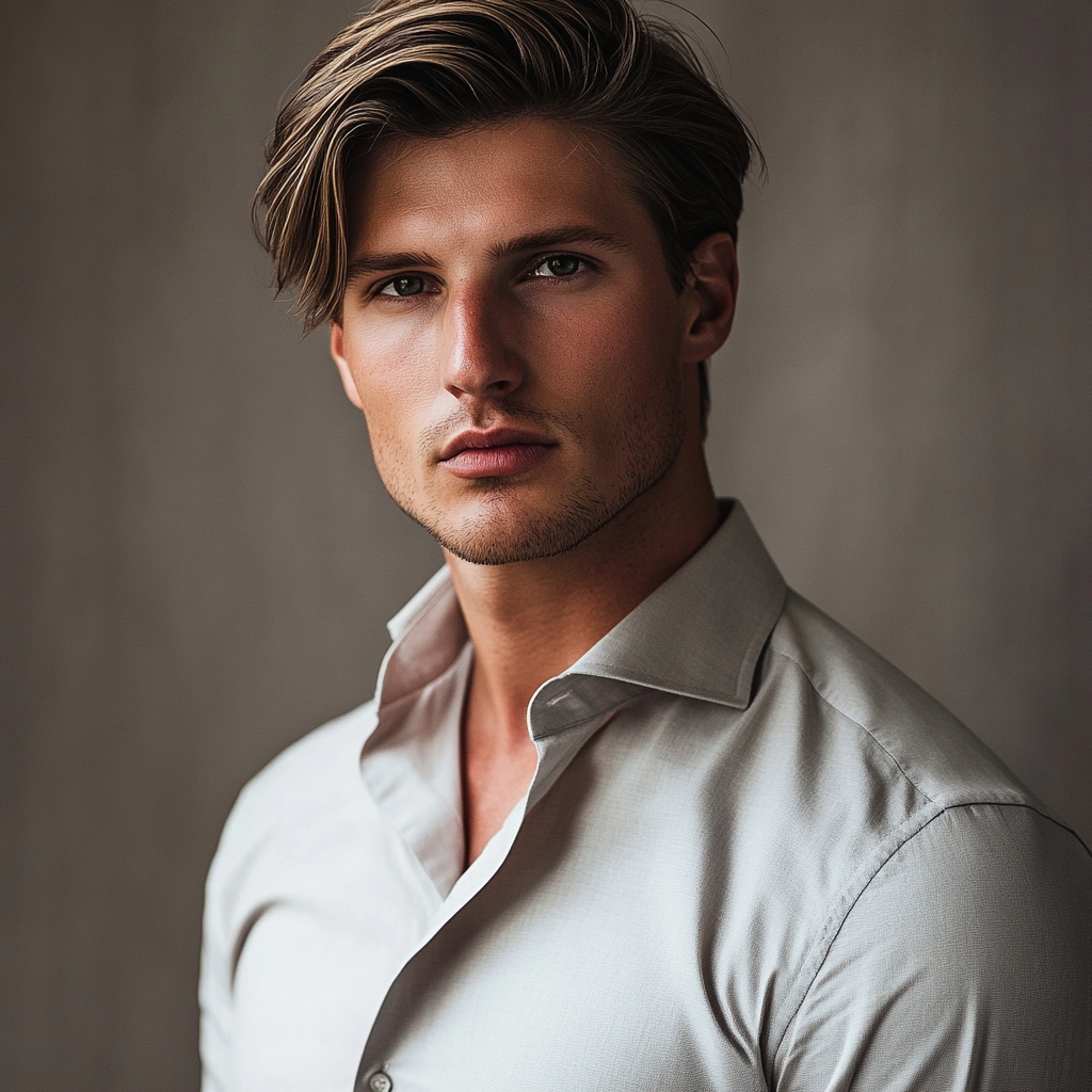 guy with a side part style and straight hair 