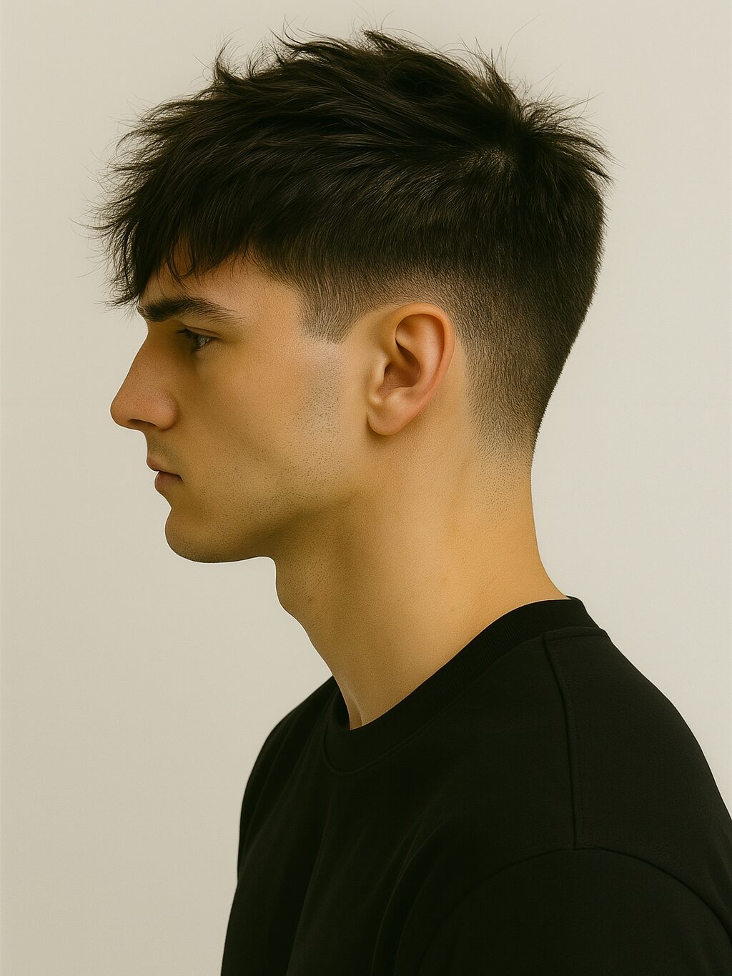 Side profile of a young man with a blowout taper textured fringe haircut featuring textured volume on top, soft fringe, and a clean taper fade on the sides.