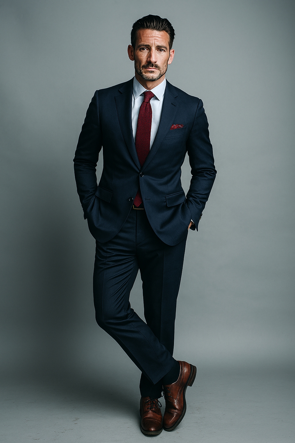 a man wearing a navy suit for a formal party