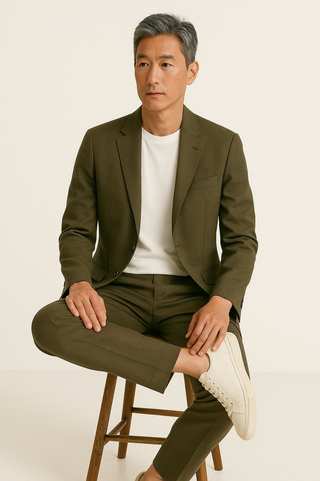 a guy wearing a green jacket and olive khaki pants