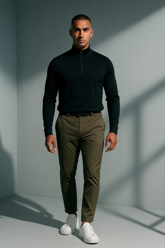 man with sharp buzzed haircut, athletic build with broad shoulders, wearing slim-fit nylon khaki trousers with subtle sheen, untucked black zip mockneck performance top, clean white leather sneakers