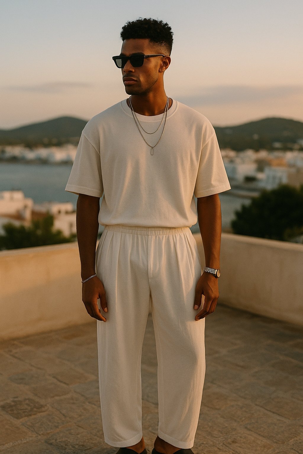 a guy wearing an all white outfit at a rooftop summer party in Ibiza