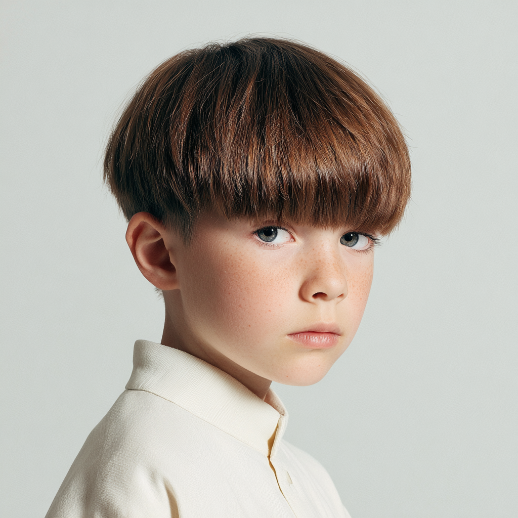 a kid with a classic bowl cut haircut