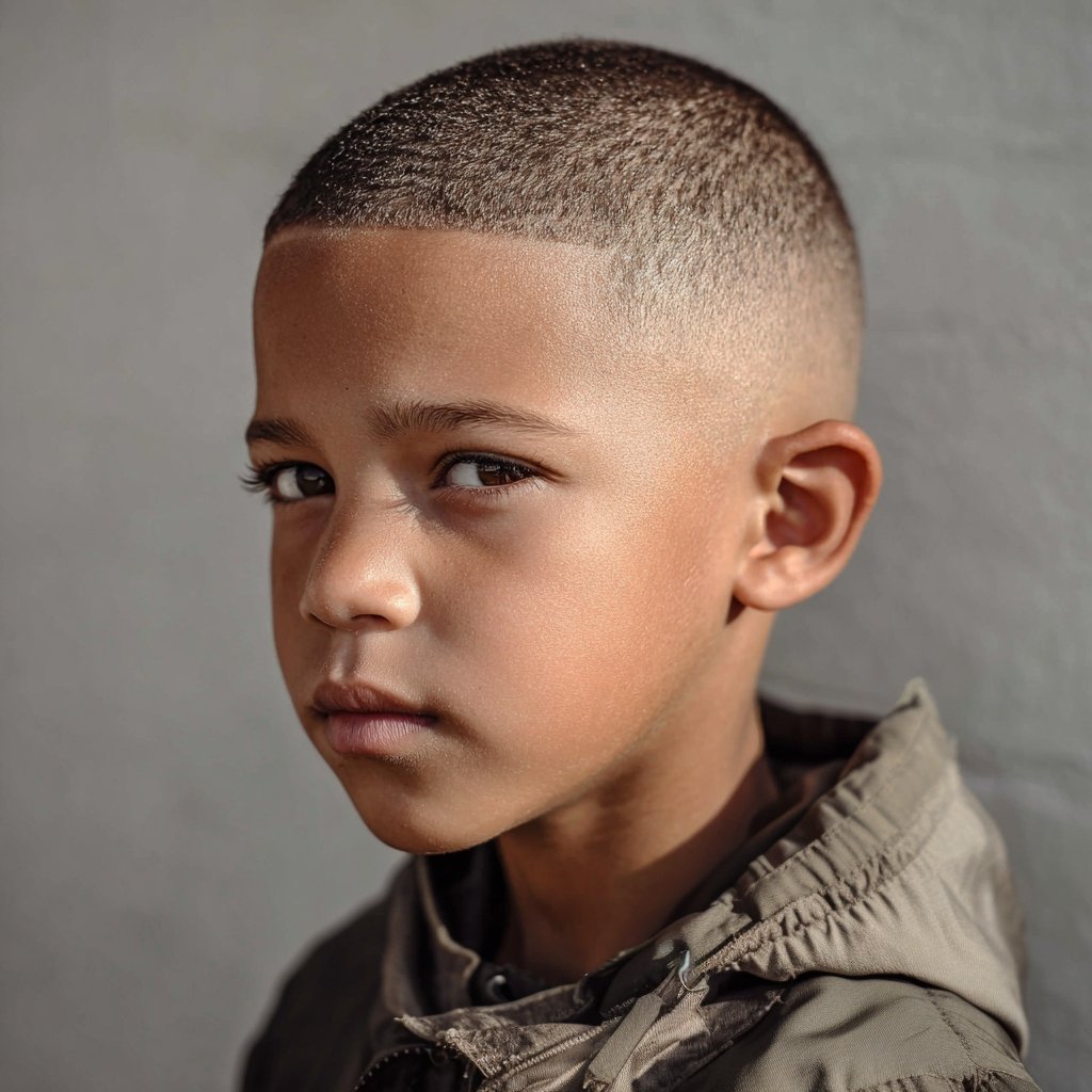a boy with a buzz cut
