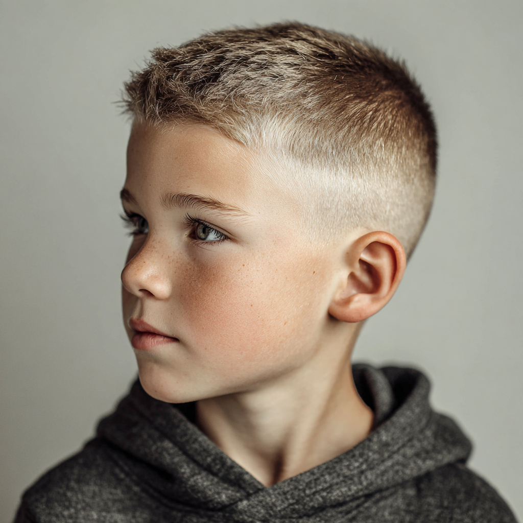 a boy with a crew cut