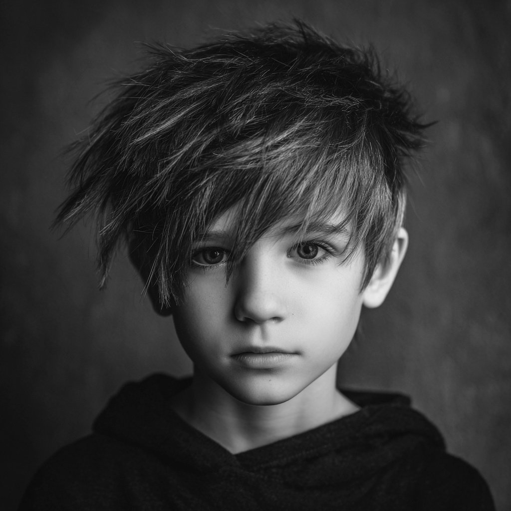a kid with emo hairstyle