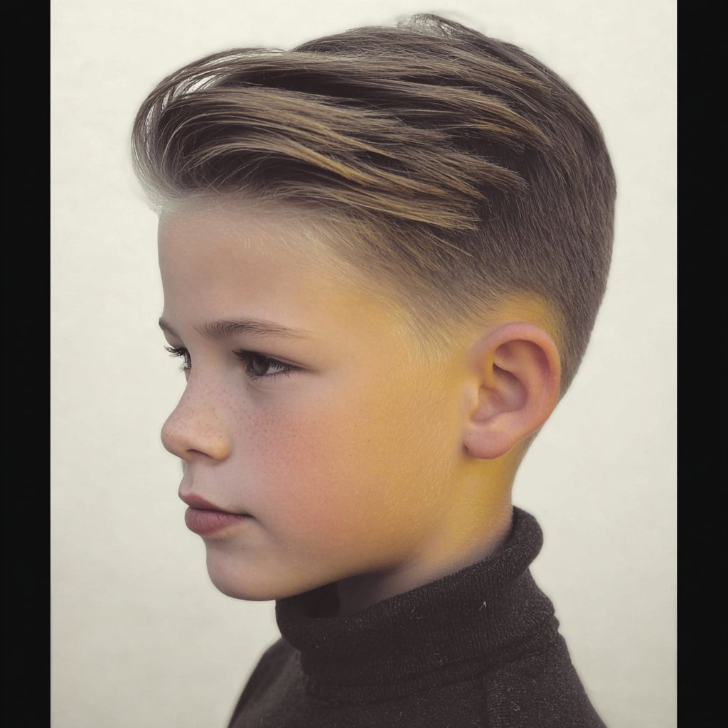 a boy with side swept hair