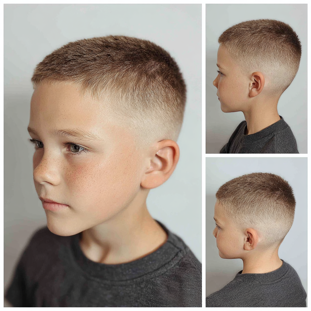 a boy with a very short crew cut