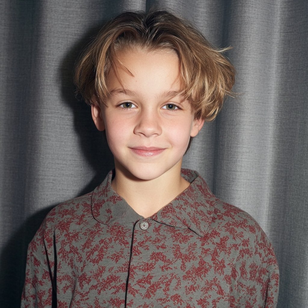 a kid with curtains bangs