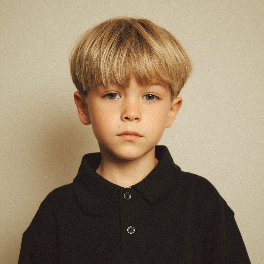 boys haircuts - a boy with a mushroom cut