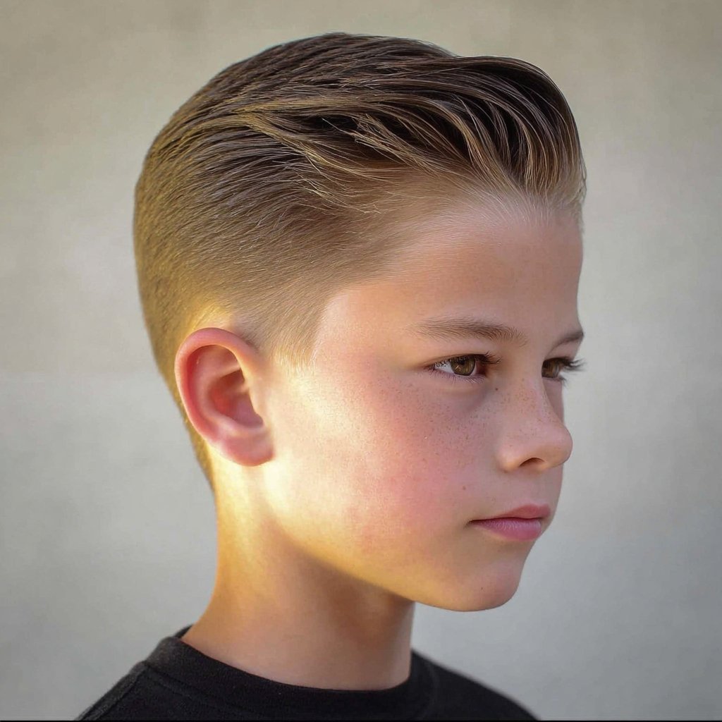 boys haircuts 2025 - a boy with a slick back haircut