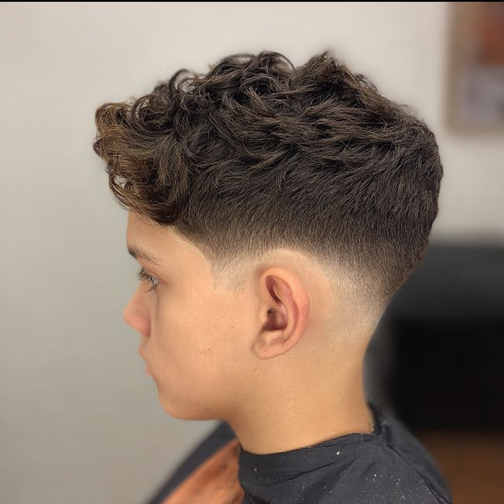 kids haircuts - a boy with wavy hair and a taper fade