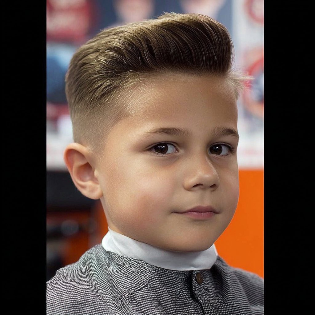 a kid with a short pompadour