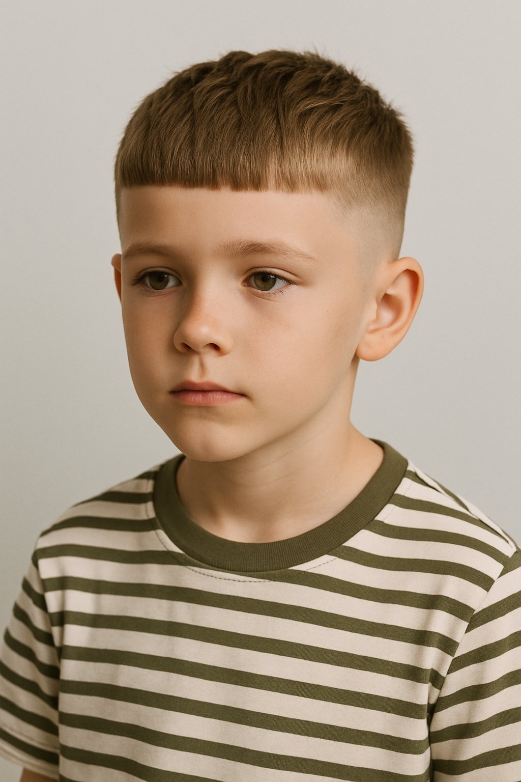a boy with a french crop haircut and short faded sides