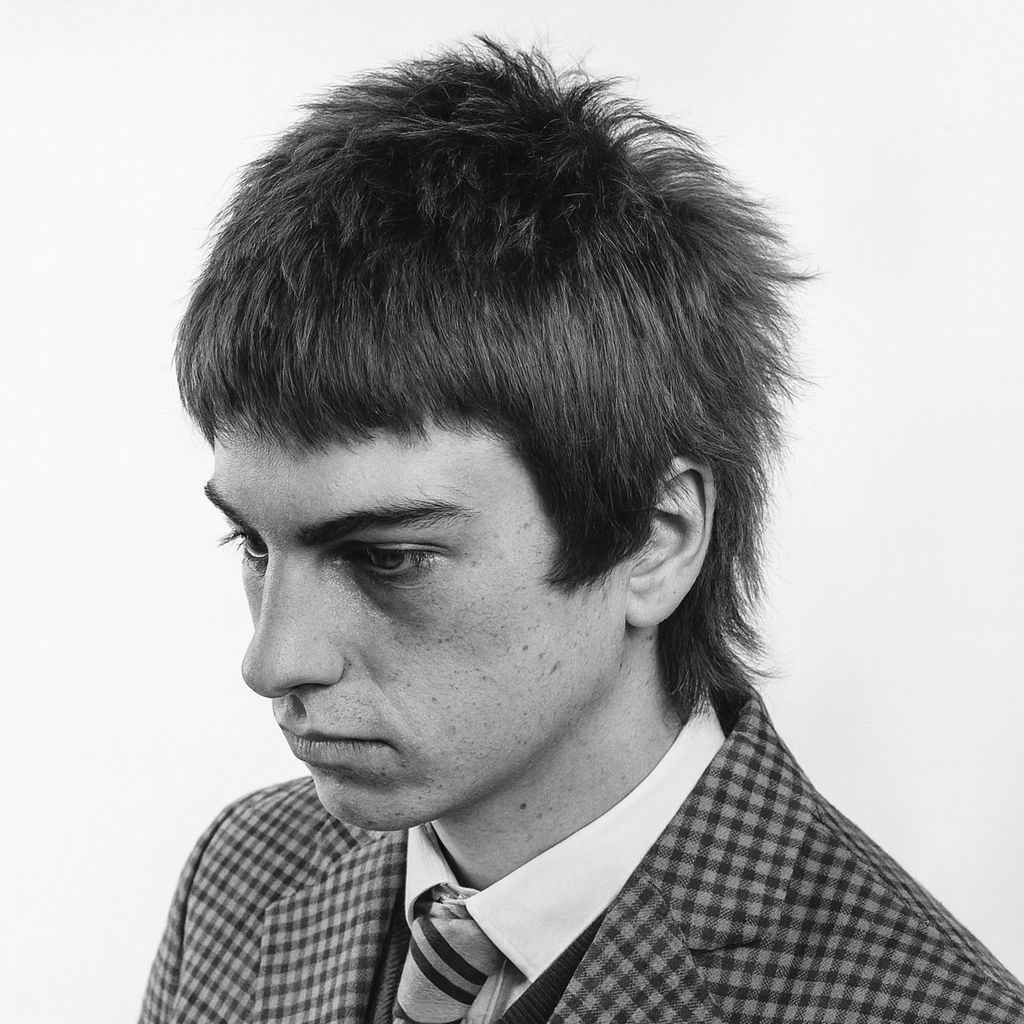 A boy with a 1980s inspired mod haircut