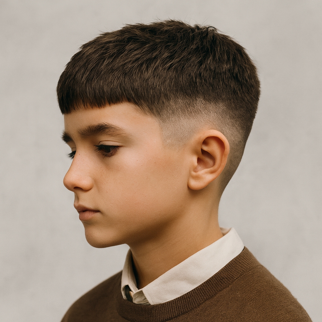 a boy with a french crop haircut