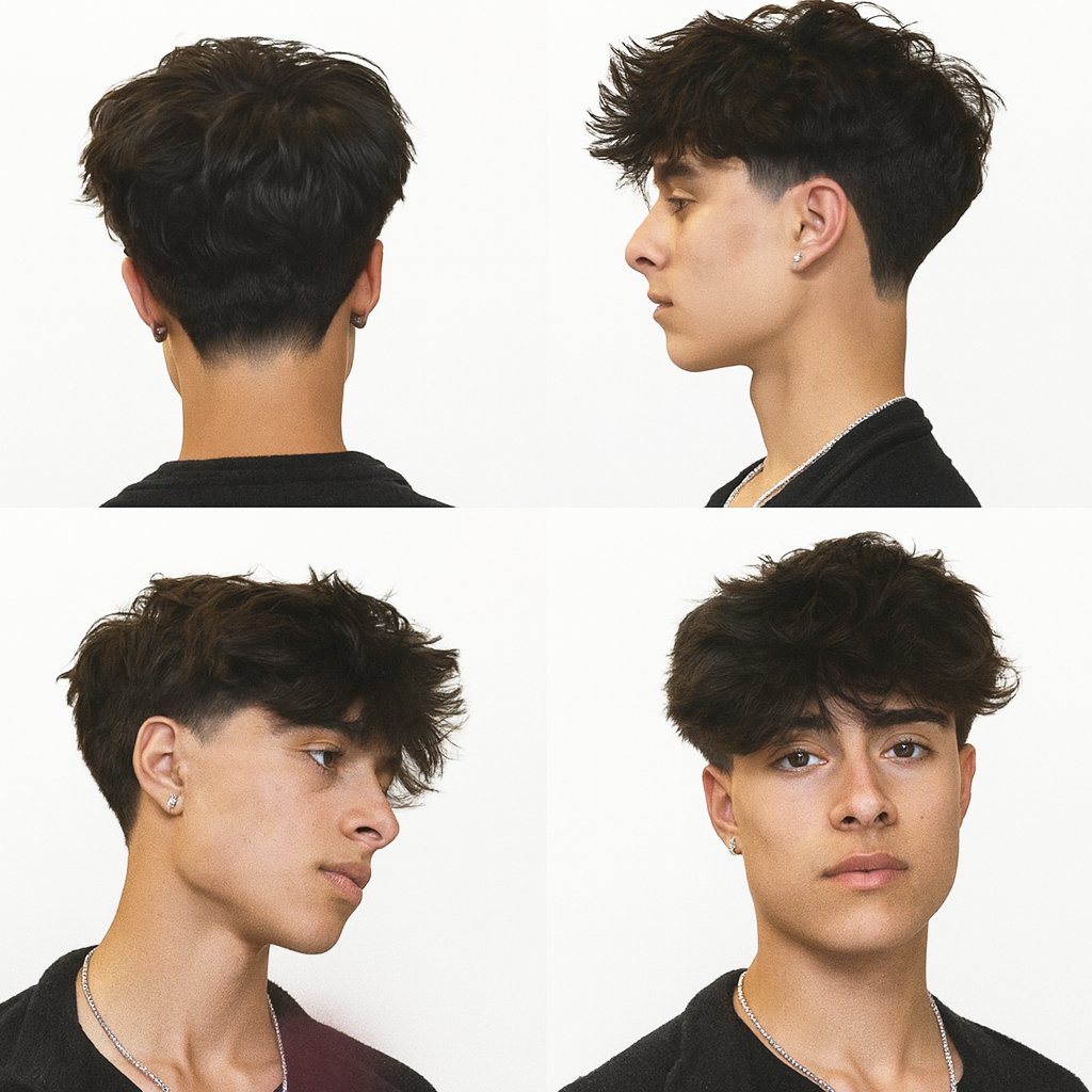front, back, and side view of a guy with a blowout taper textured fringe
