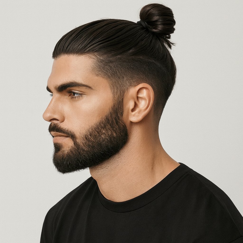 a guy with a man bun haircut