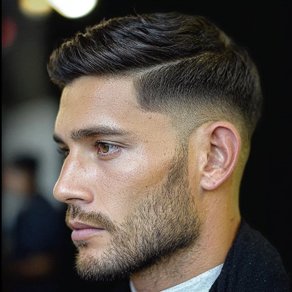 side part with comb over and mid fade