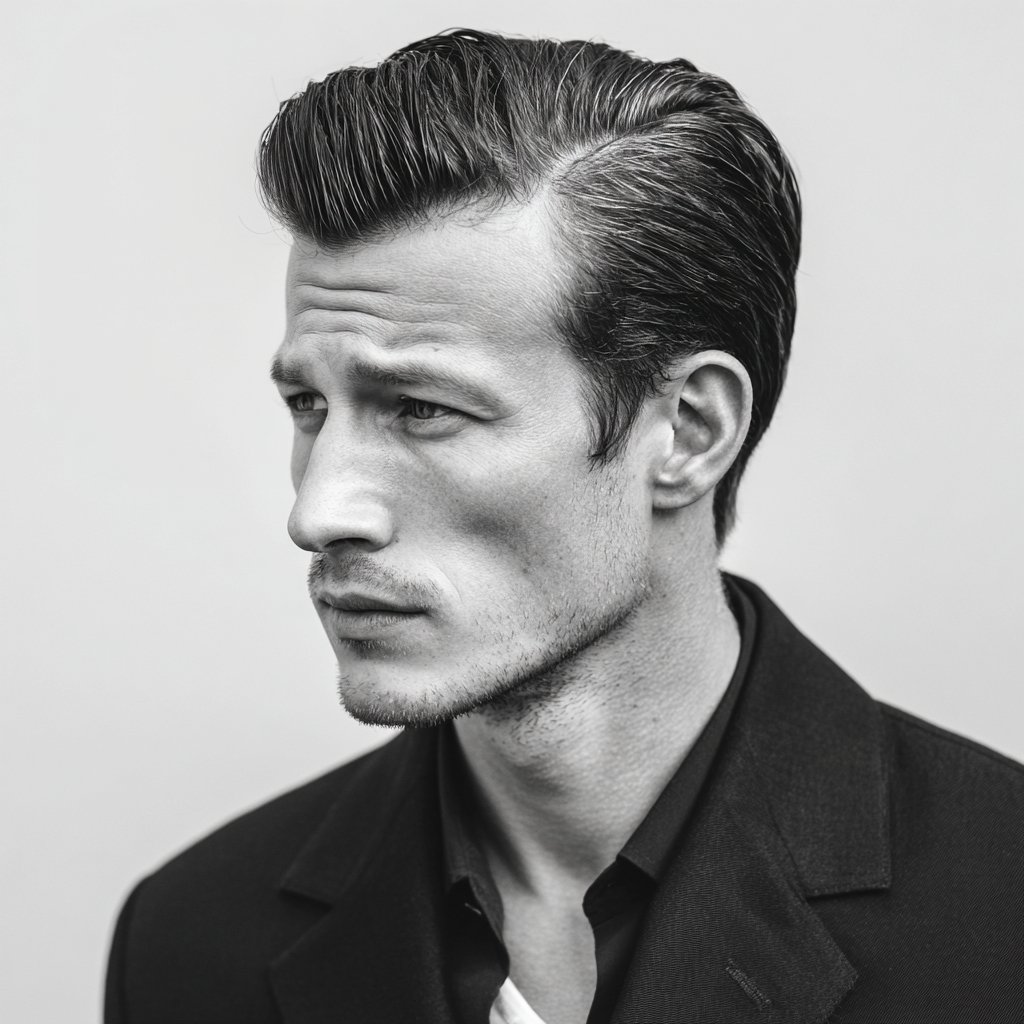 a man with a slicked-back side part hairstyle