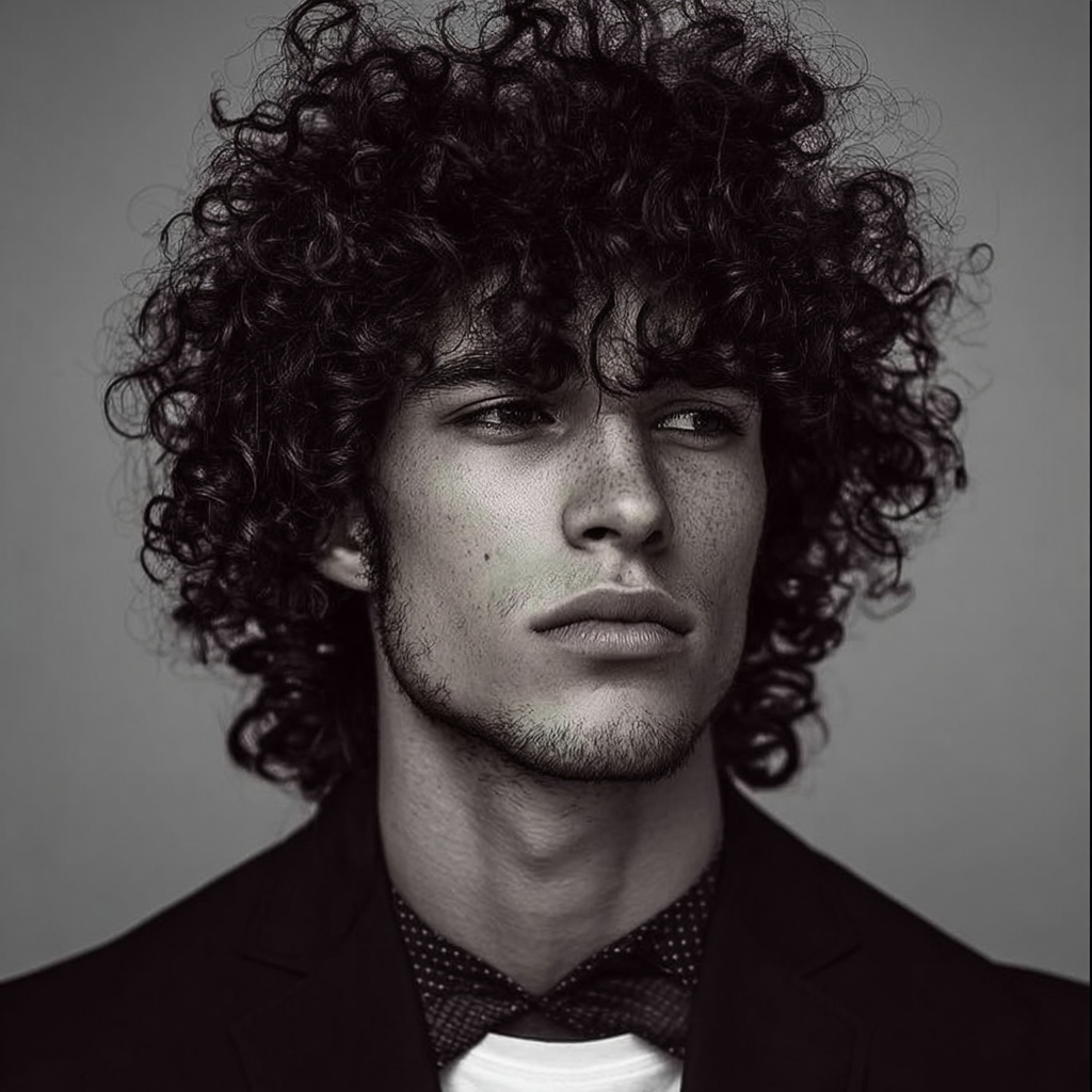 a guy with long curly hair