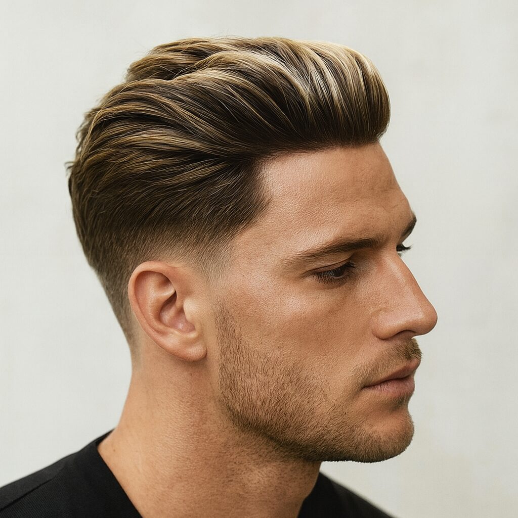 Classic and Modern - a young man with a Quiff and a Low Taper with blonde highlights for men.