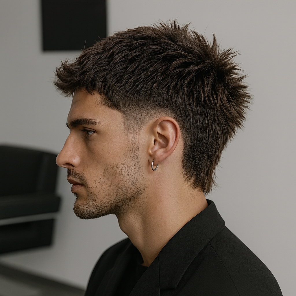 a guy with a spiky short mullet haircut and a low taper fade