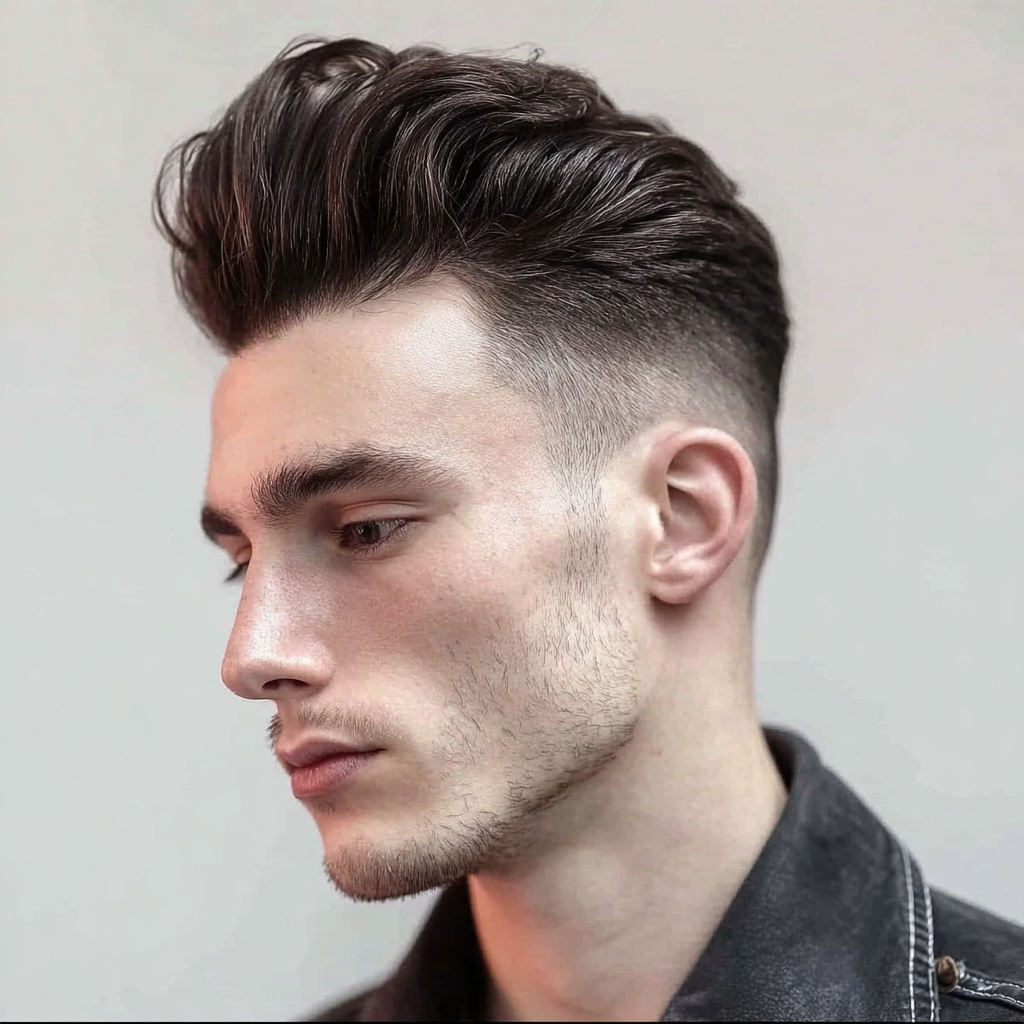 A guy with a messy undercut pompadour 