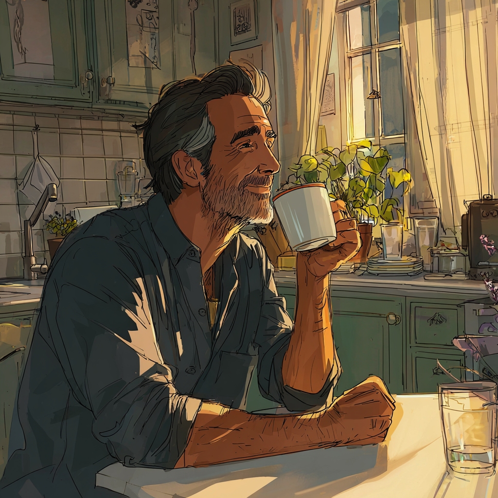 Illustration of a man alone having coffee and contemplating the sky