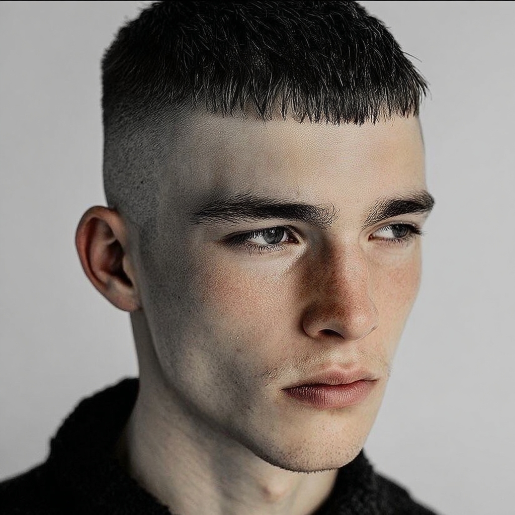 a guy with a buzz crop haircut
