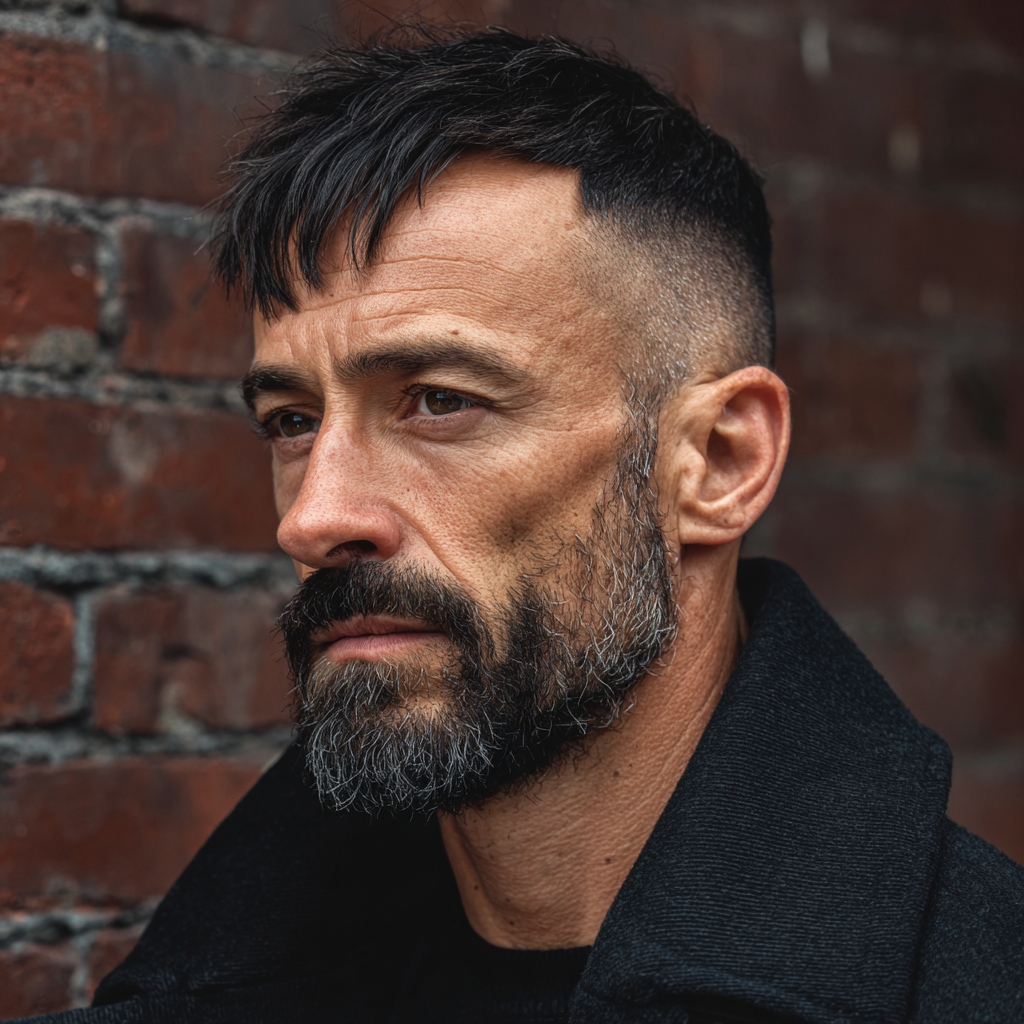 mature man with a long fringe haircut and a fade