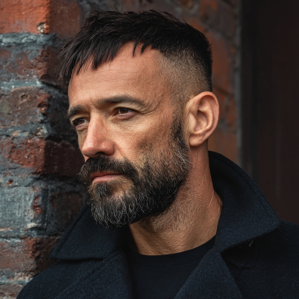 a mature man with a high fade with long fringe