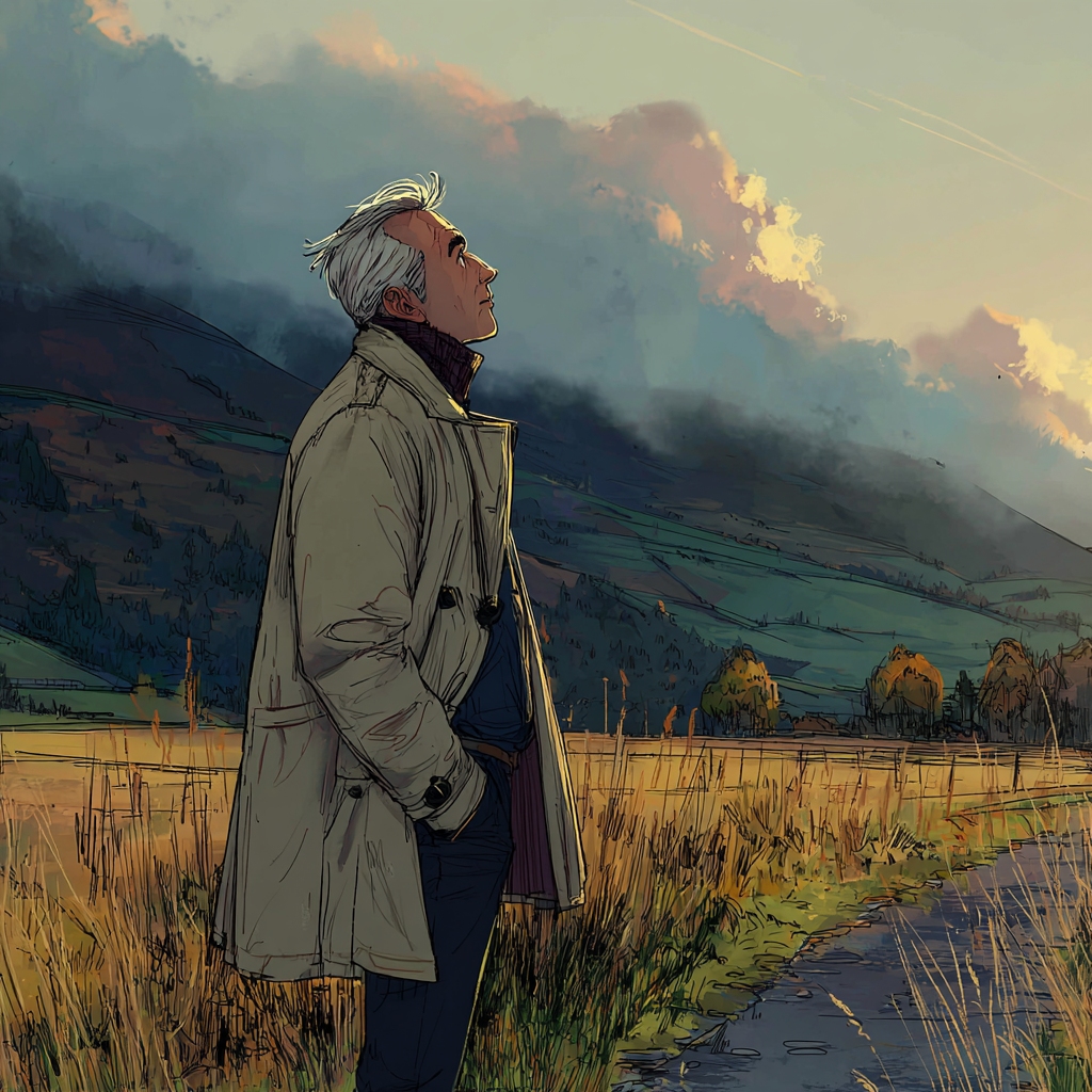 Illustration of a man alone contemplating the sky