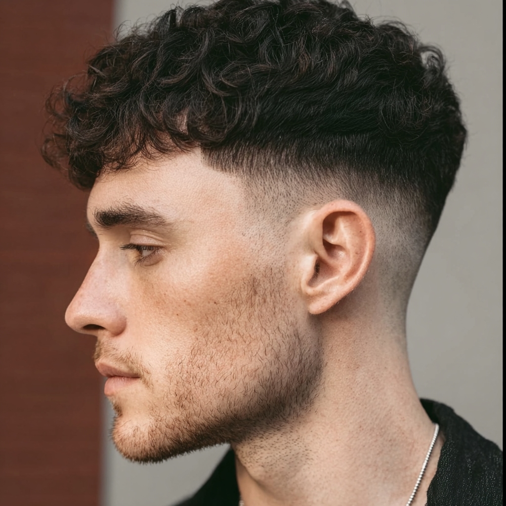 curly fringe with mid taper fade