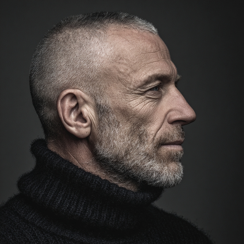 a mature man with hair kept naturally short but not buzzed