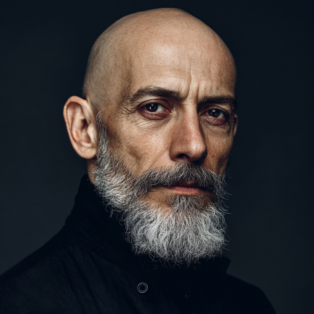 A man over 50 with a shaved head and beard combo