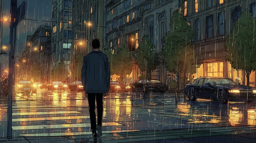 illustration of a man walking alone in the rain