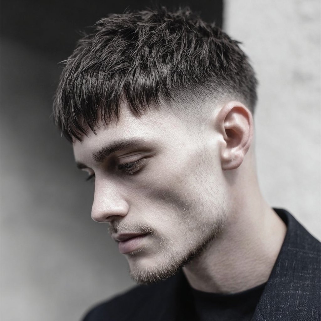 a guy with a caesar haircut fade