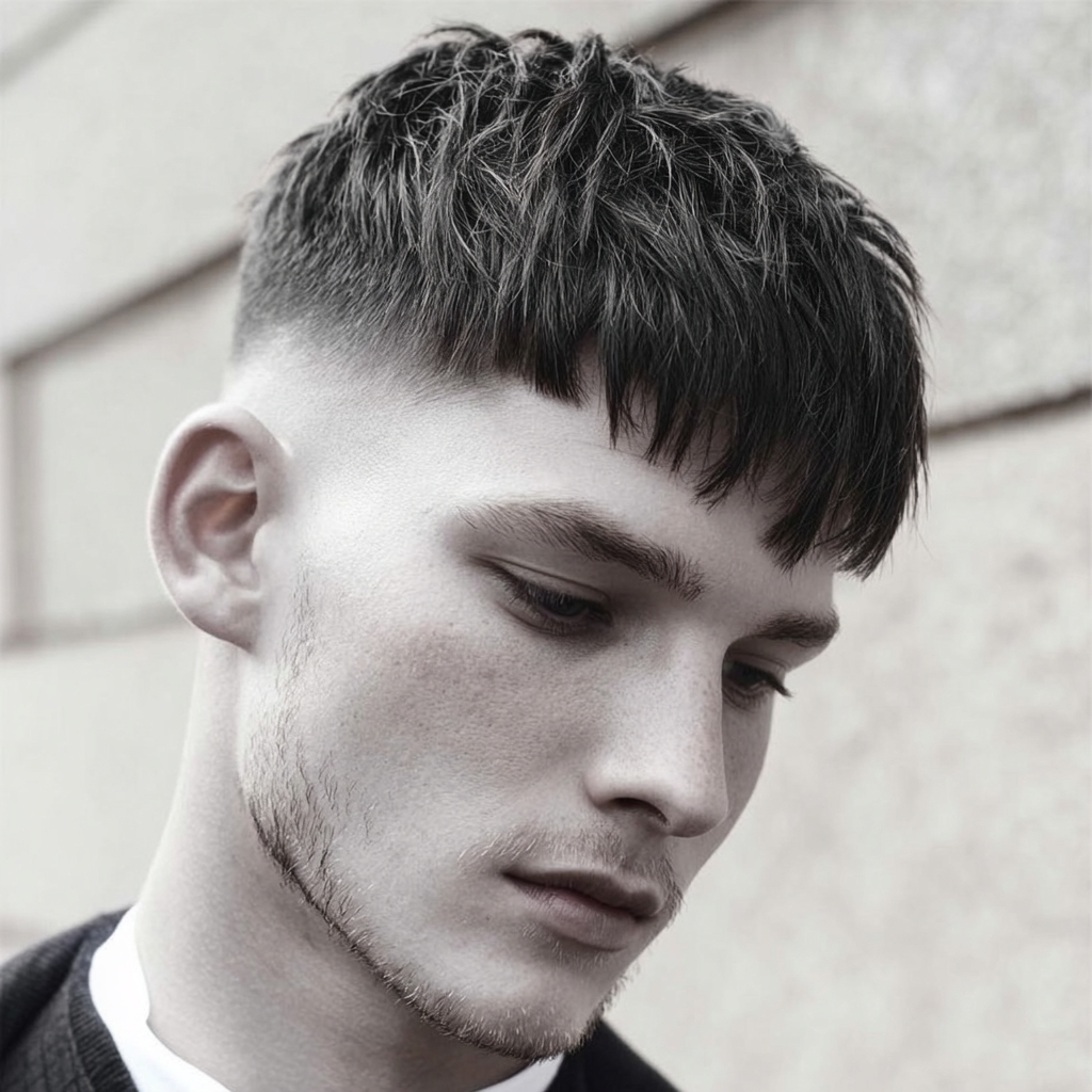 a young guy with a modern haircut - a caesar cut fade