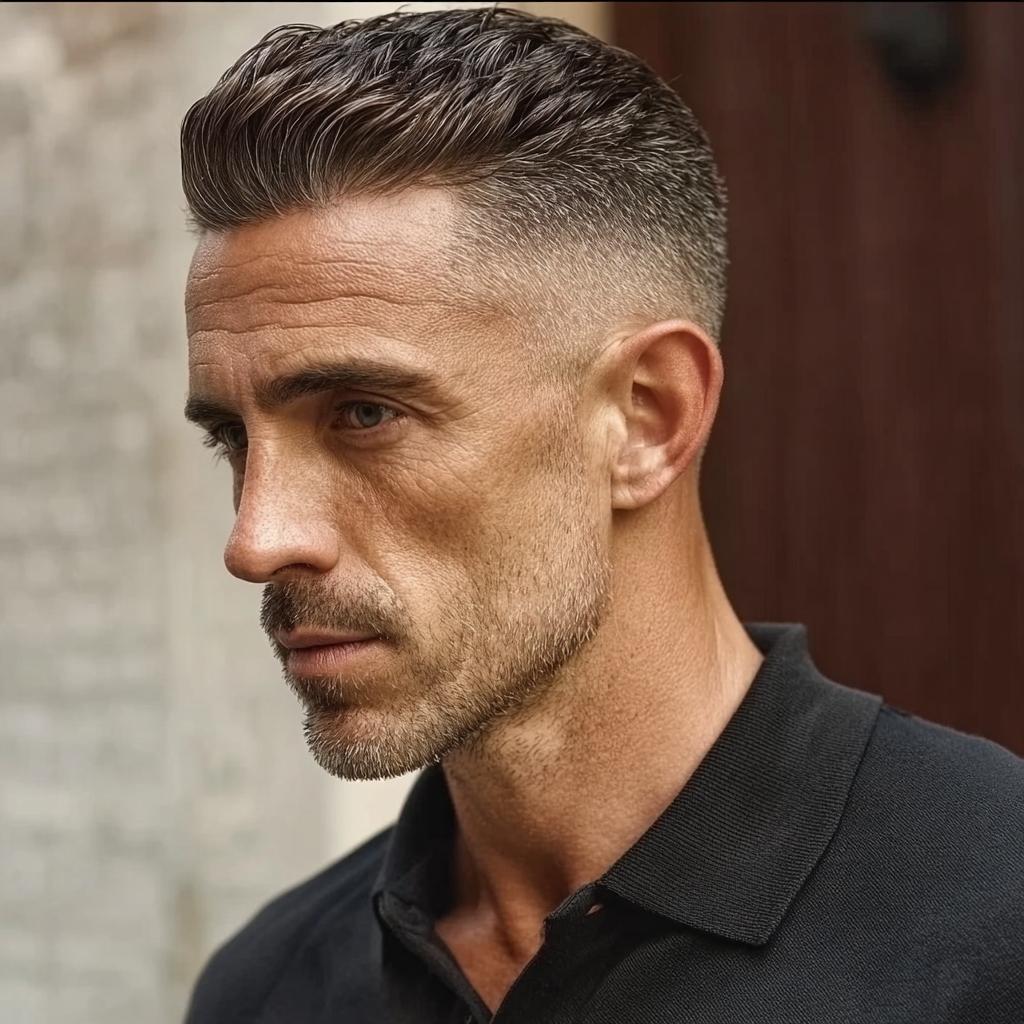 a man over 40 with a slick back haircut and a mid fade