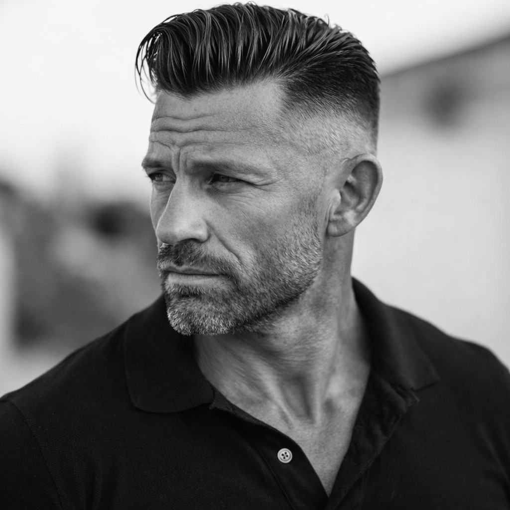 a mature man with wet swept back hair and a fade