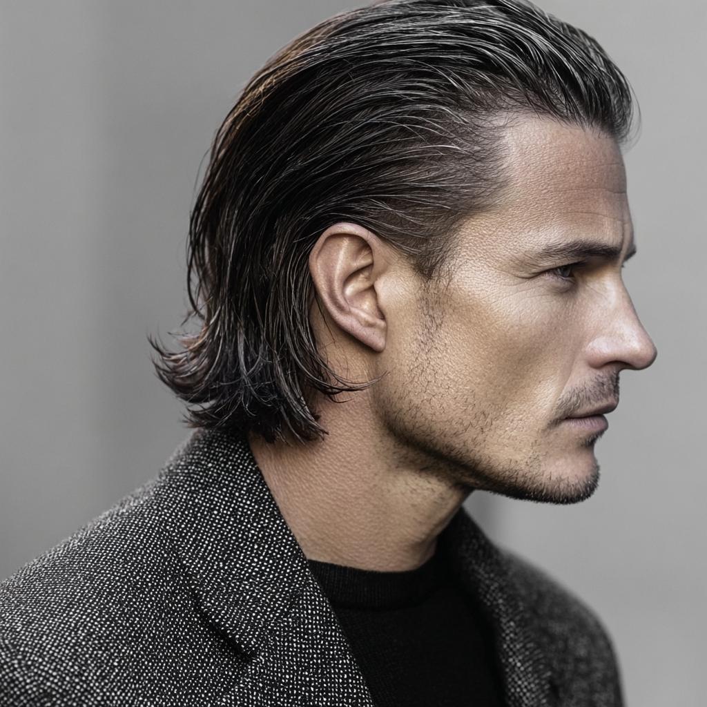 a man with a long slicked back haircut 