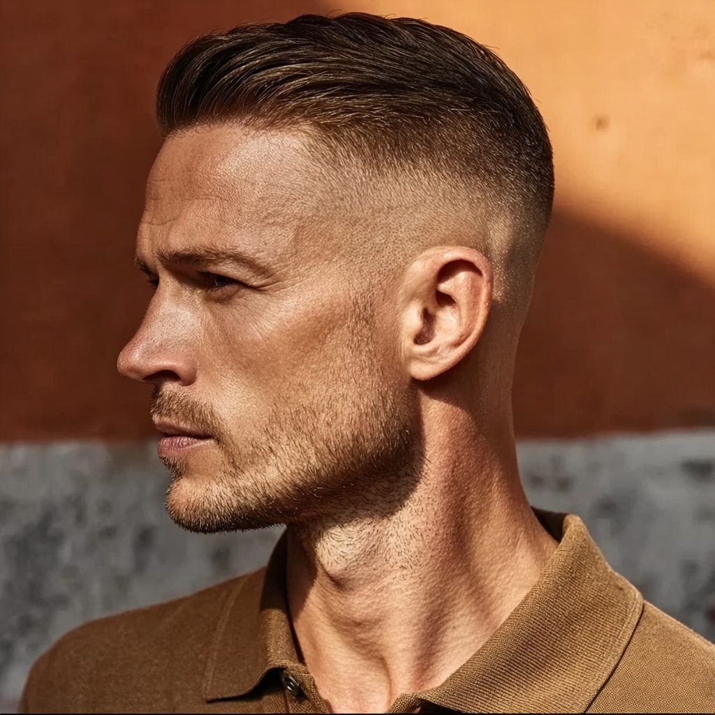 short slicked back haircut with skin fade