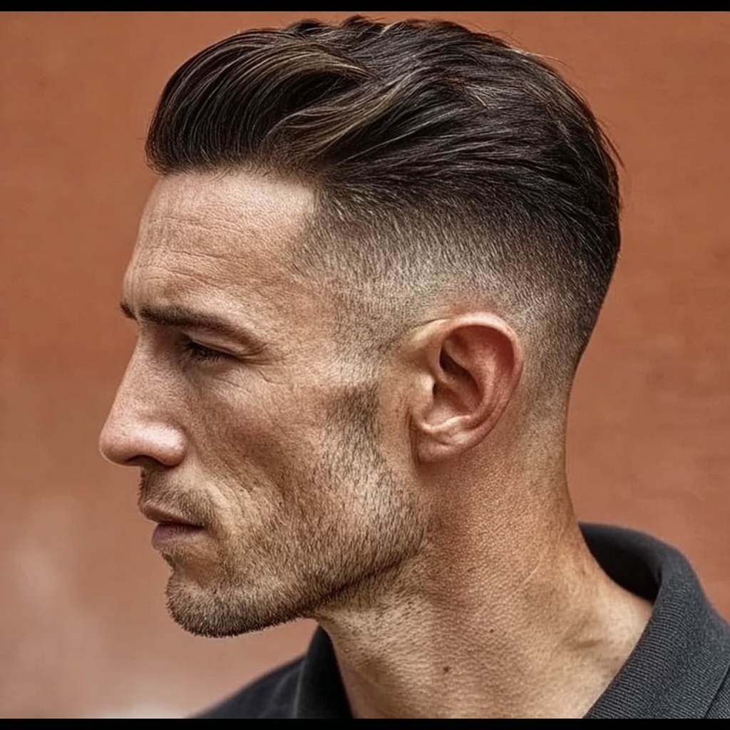 slicked back haircut with fade