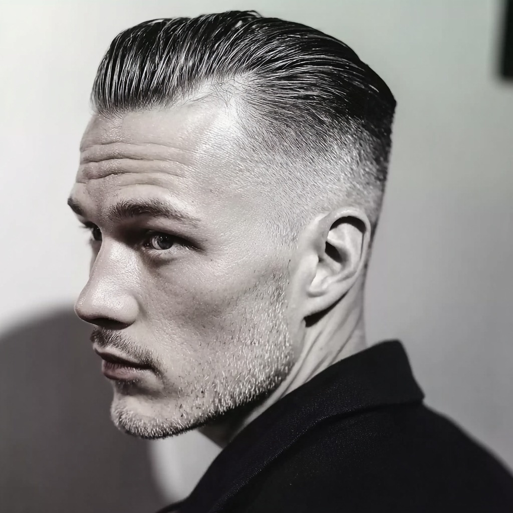 a with with a side parted hair slicked back