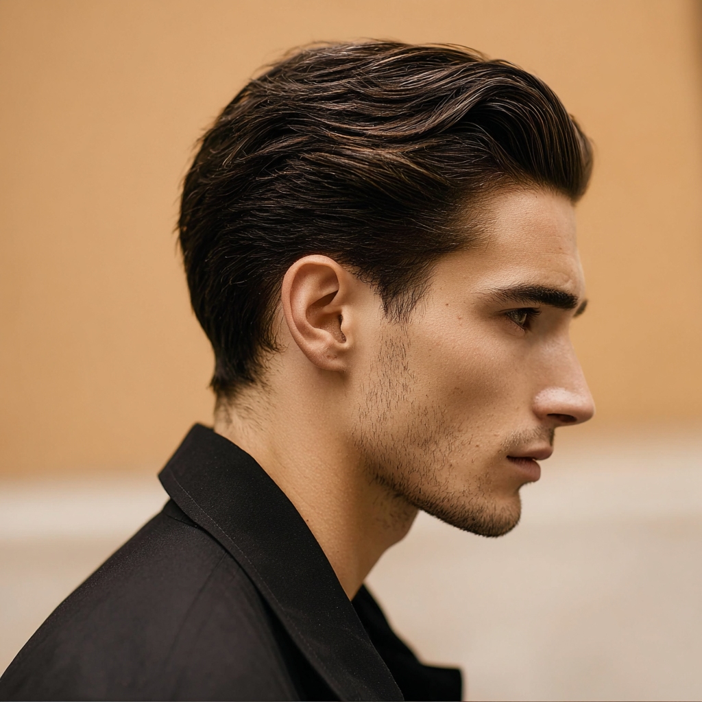 a guy with wavy hair swept back 