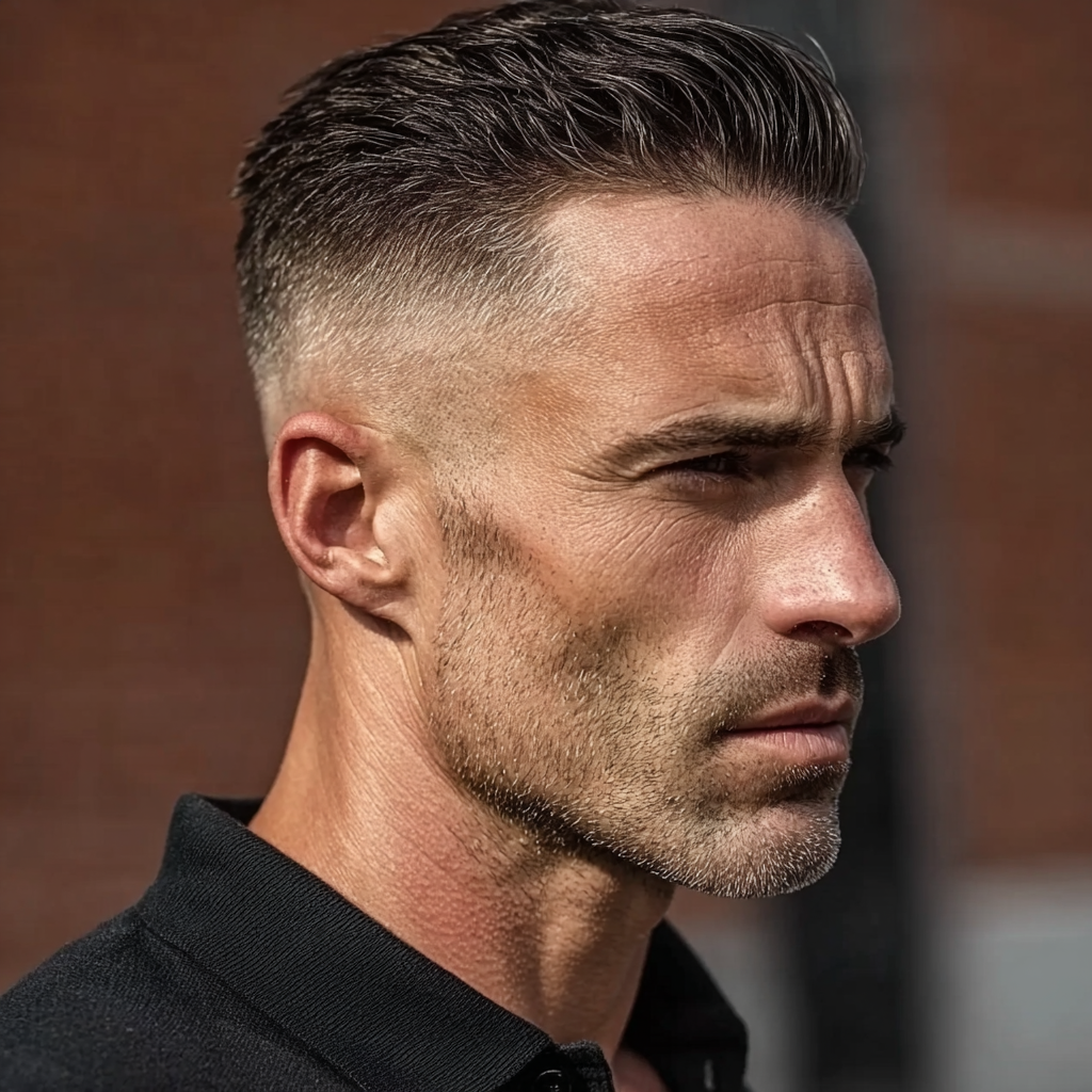 a guy with a modern fade and brushed back quiff