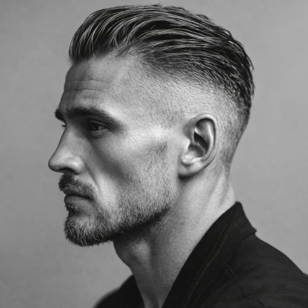 slicked back hair with high fade