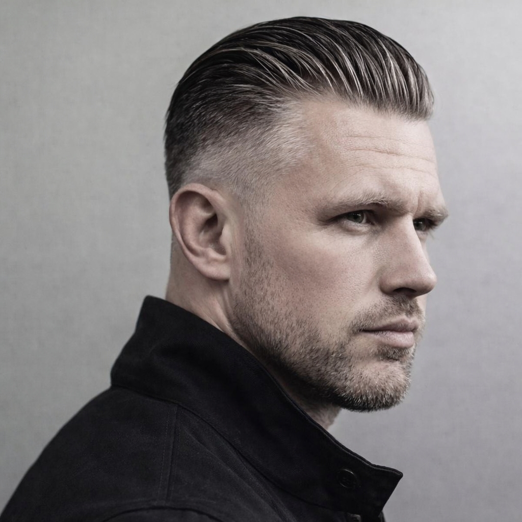 slicked back hair with tapered sides